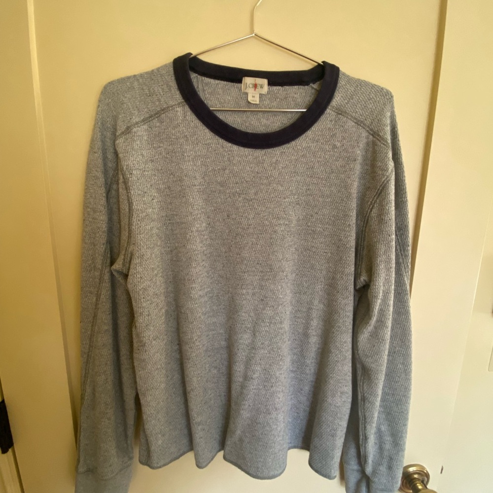 J.Crew Crewneck Ringer Thermal Long Sleeve Shirt in Gray with Navy Trim